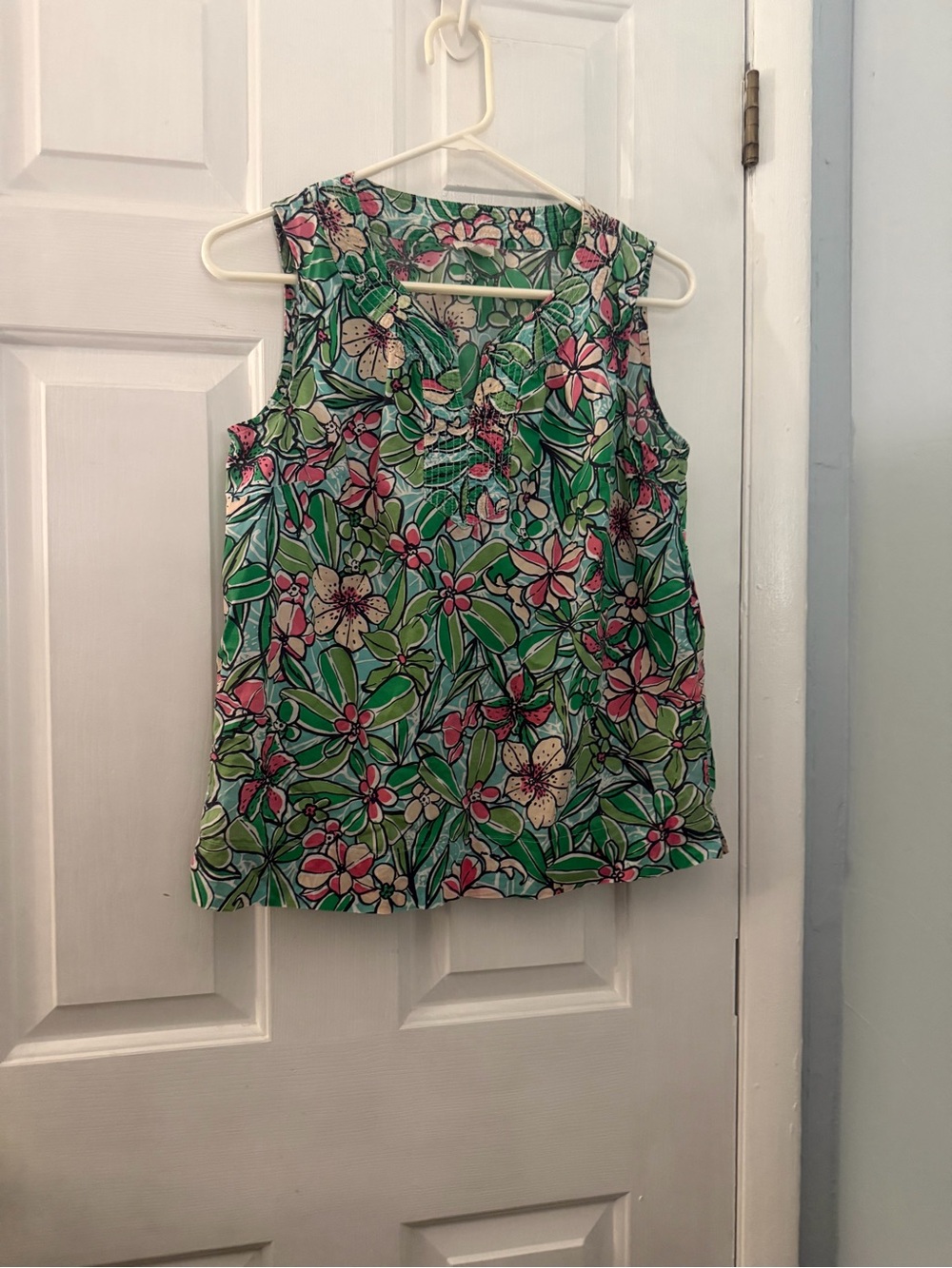 Talbots Petites SP Tropical Floral Sleeveless Cotton Blouse Green Pink